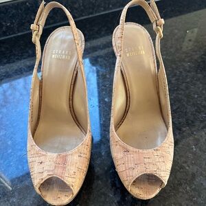 Stuart Weitzman Tan Peep-Toe Slingback Heels